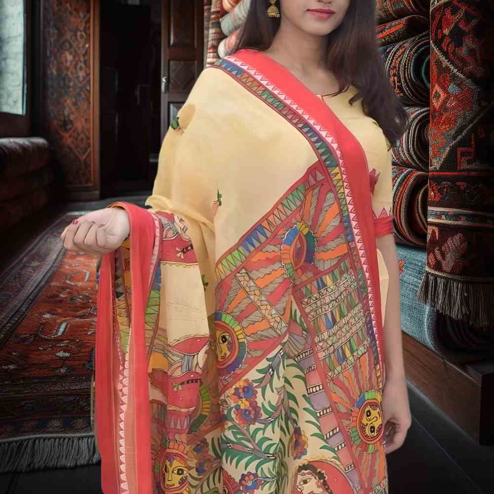 Chhat Puja Handapinted Madhubani Cotton Saree